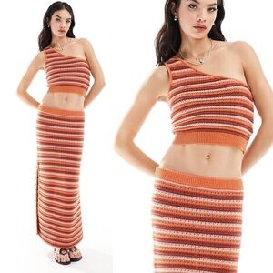 RHYTHM Spirit Knit Stripe Matching Set Top Midi Skirt Red/Orange Sz 8/Medium